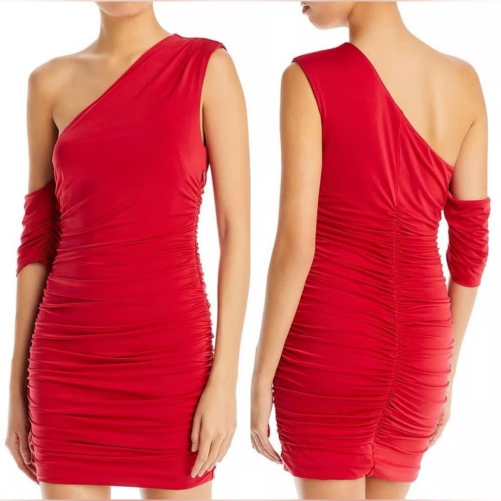 AQUA‎ One Shoulder Ruched Bodycon Mini Dress Red Formal Glam NWT L